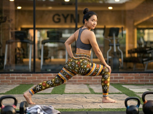Tribal Print High Waisted Yoga Leggings - Earthy Geometric Pattern Athletic Tights - Ethnic Style Boho Workout Pants for Women